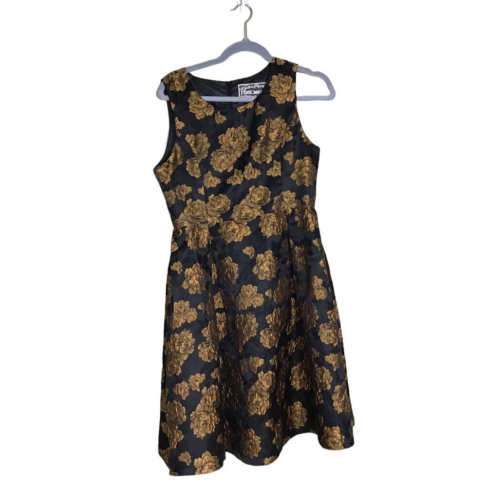 Pink Martini Collection Women Embroidered Midi Cocktail Dress Sz. Med Black/Gold